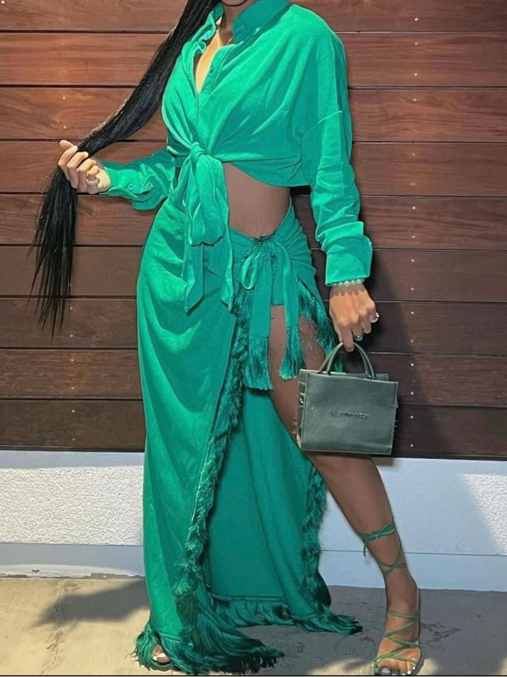 Minaa Monroe Green Tie-Waist Fringe Maxi Skirt Set